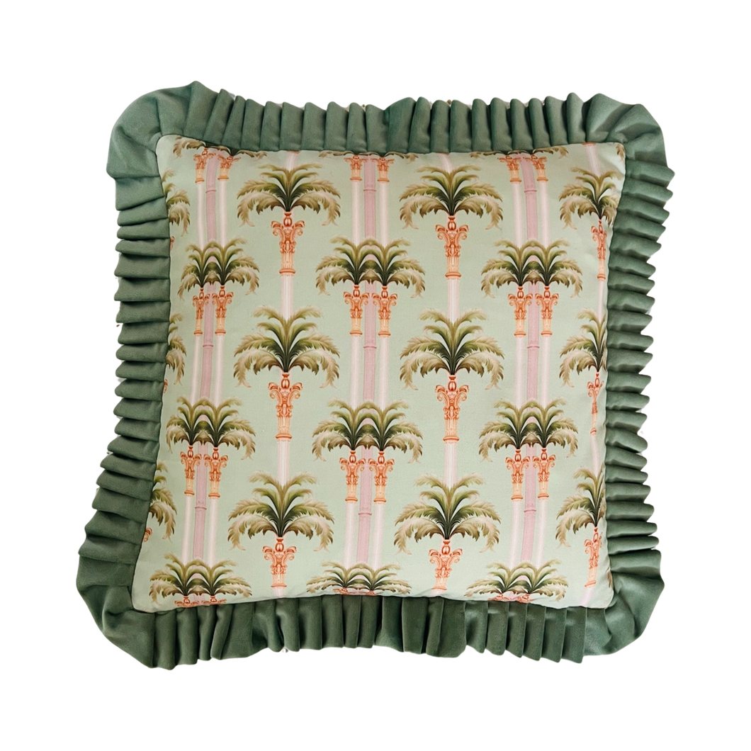 Pardus Consilio 'Dubai Palms' Cushion - Green Velvet Frill