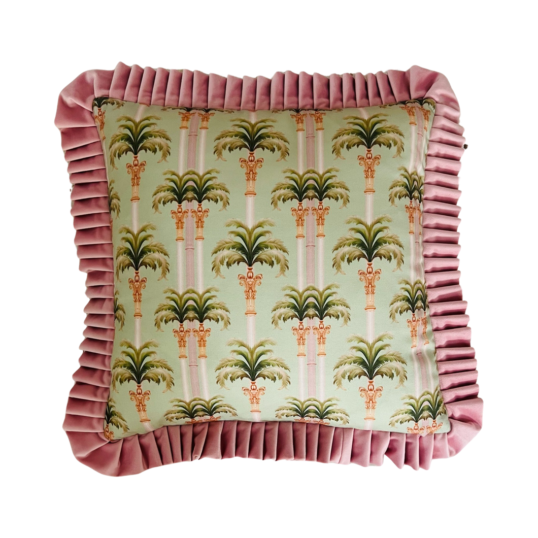 Pardus Consilio 'Dubai Palms' Cushion - Pink Velvet Frill